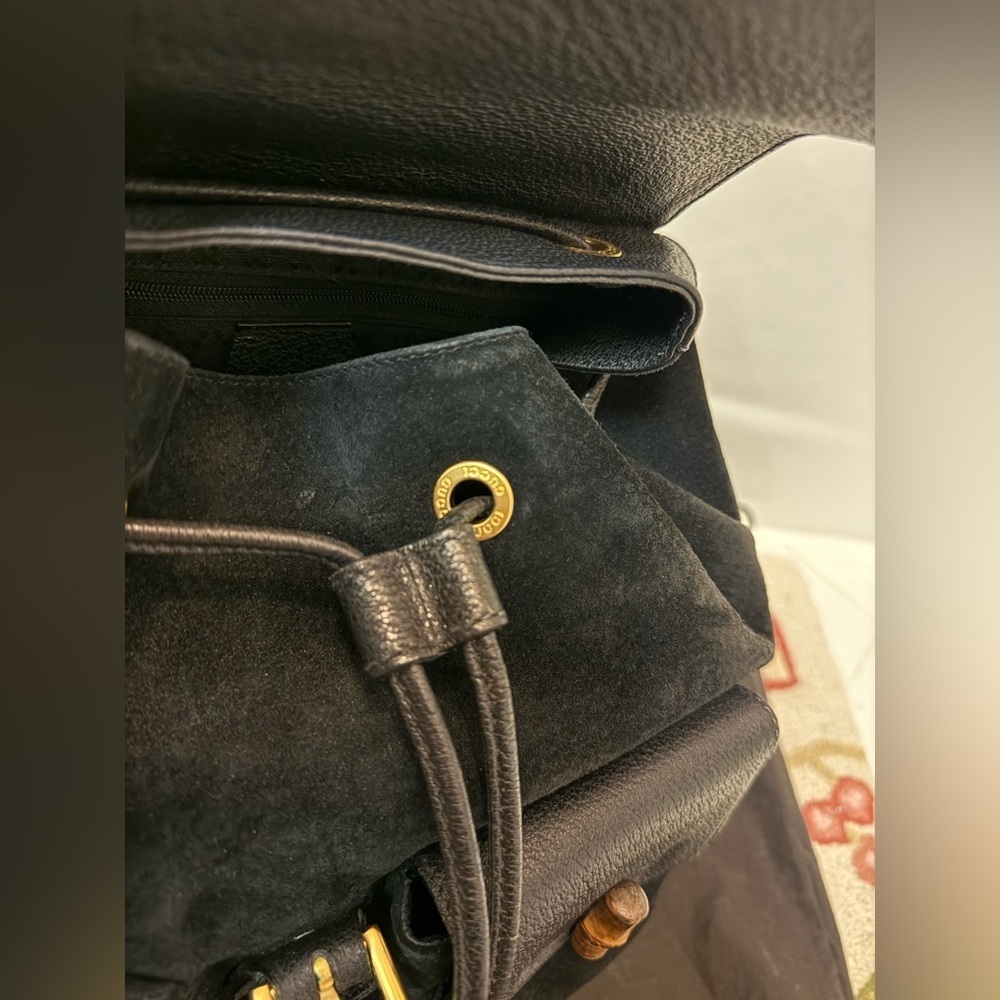 GUCCI‎ Vintage Y2K Unisex Black Suede & Leather Trim Bamboo Medium Backpack - Picture 11 of 16